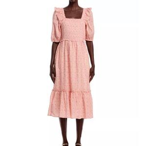 Boho Cottage Cotton Silk Floral Smocked Puff Sleeve Midi Dress